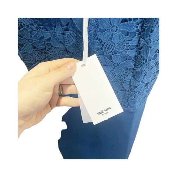 GRACE KARIN Women Sleeveless Deep V Neck Cocktail Pencil Dress Lace Blue S - Picture 4 of 6